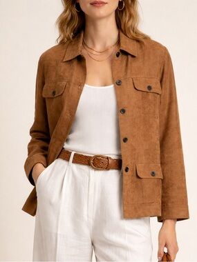 Chicos 2 Linen Silk Printed Lightweight Utility Jacket Brown Button Front Collar